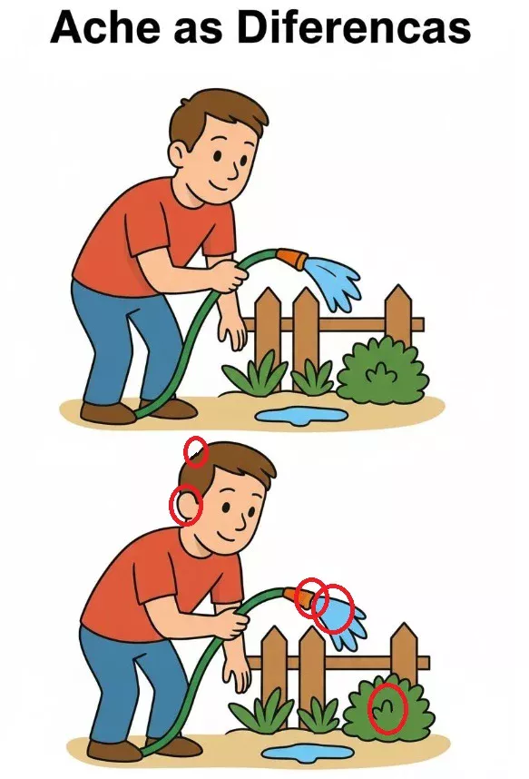 Ache a Diferença: Rapaz Regando o Jardim