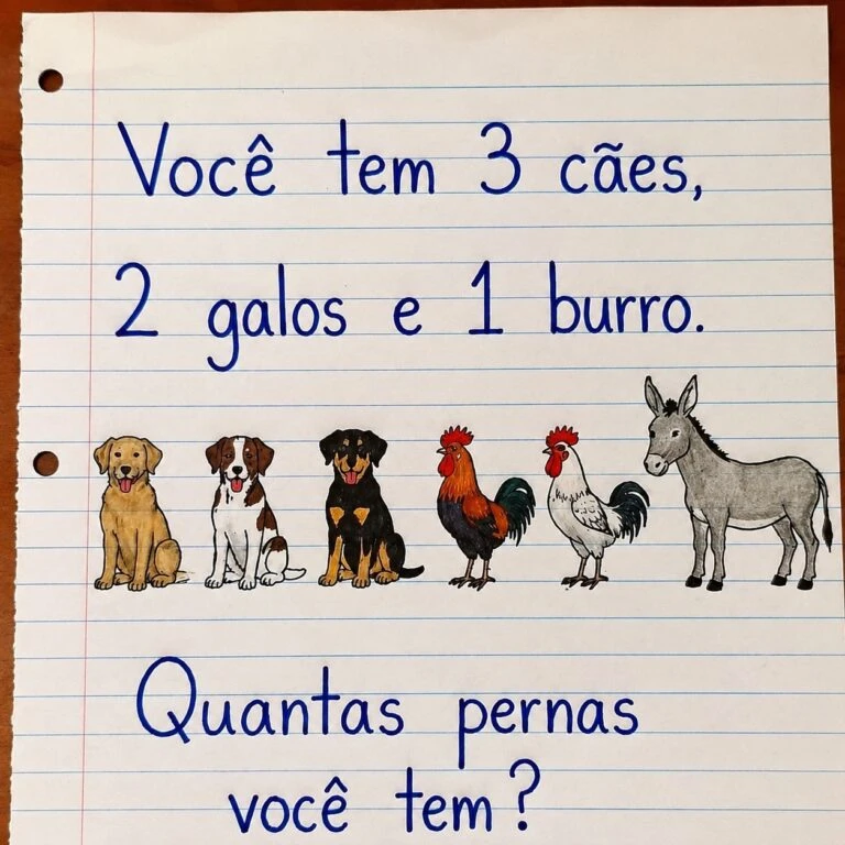 Desafio de lógica com três cães, dois galos e um burro perguntando quantas pernas você tem em uma folha de caderno.