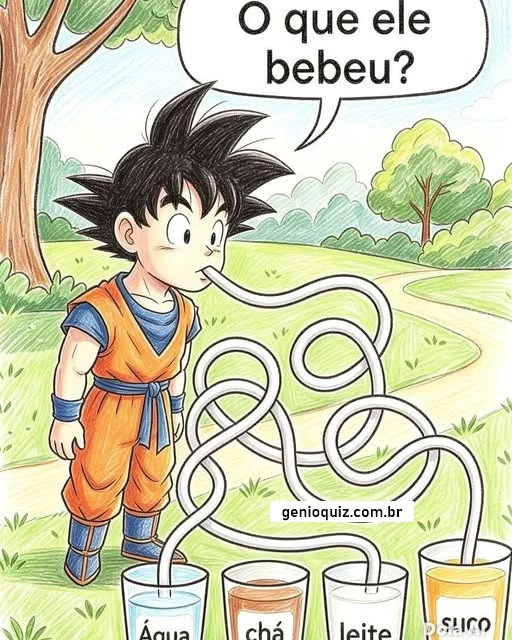 Desafio visual mostrando o Goku ligado por canudos a copos de água, chá, leite e suco para descobrir qual bebida ele tomou.